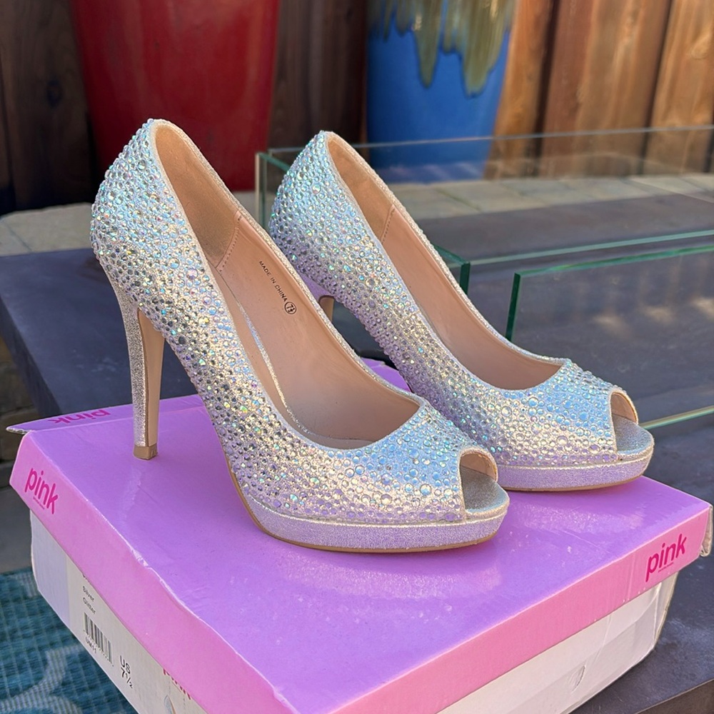Silver crystal embellished platform heel